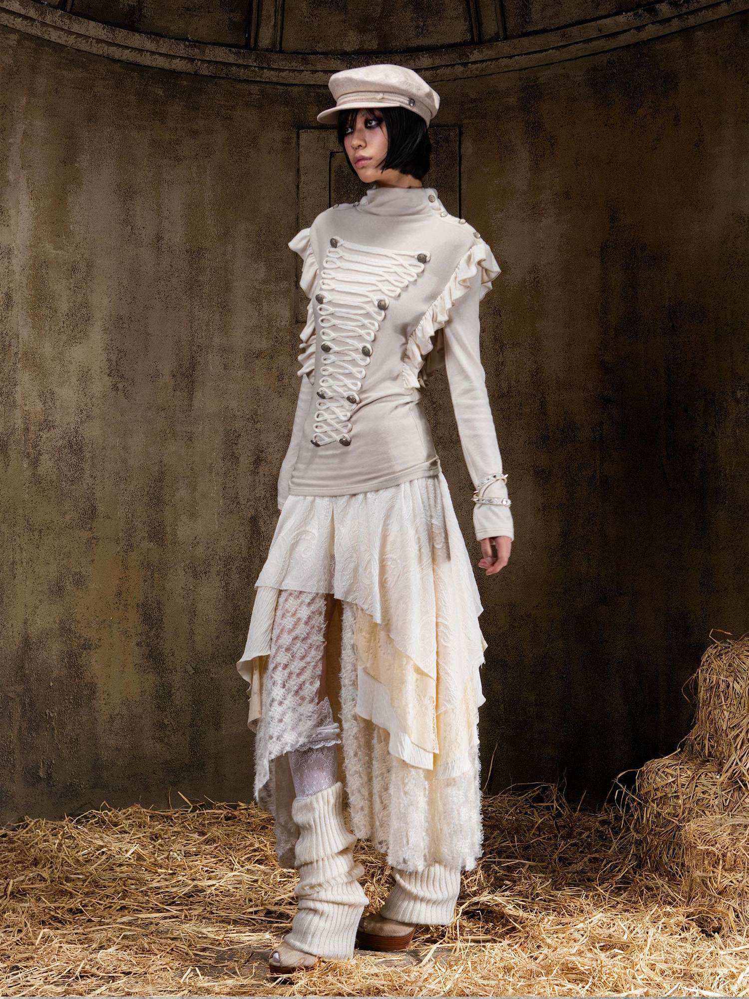 ARIADNAw Layered Gothic Aline Patchwork Midrise Black Beige Midi Skirt