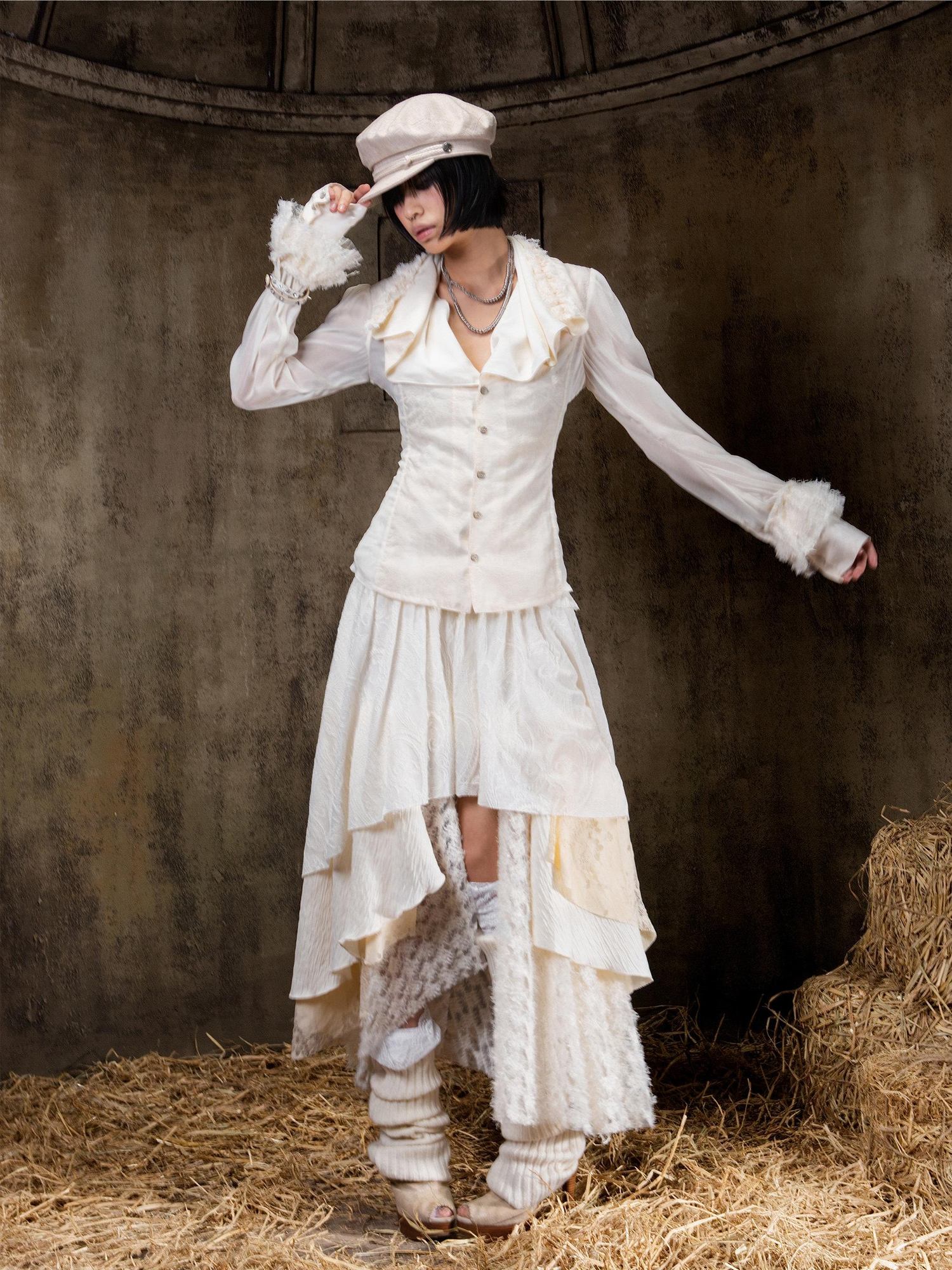 ARIADNAw Layered Gothic Aline Patchwork Midrise Black Beige Midi Skirt