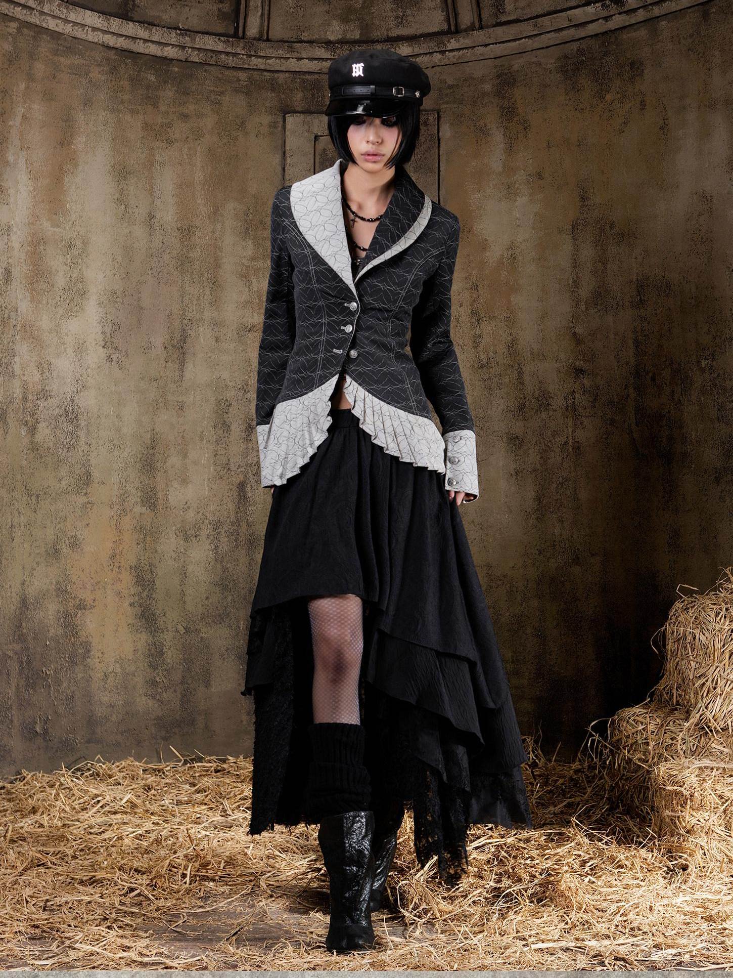 ARIADNAw Layered Gothic Aline Patchwork Midrise Black Beige Midi Skirt