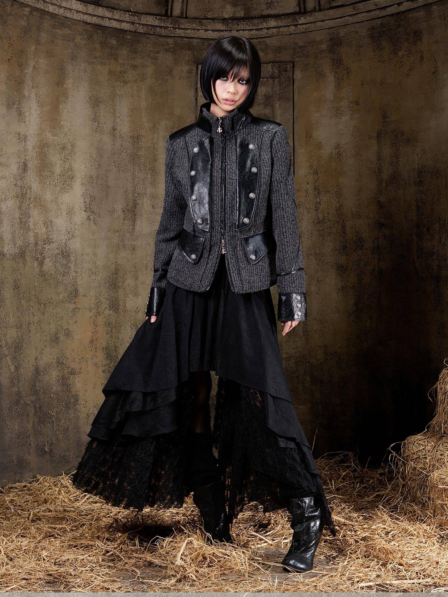 ARIADNAw Layered Gothic Aline Patchwork Midrise Black Beige Midi Skirt