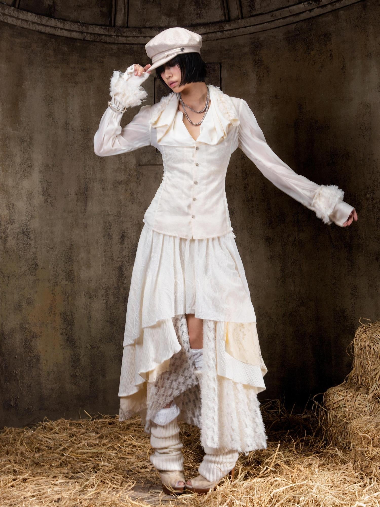 ARIADNAw Layered Gothic Aline Patchwork Midrise Black Beige Midi Skirt