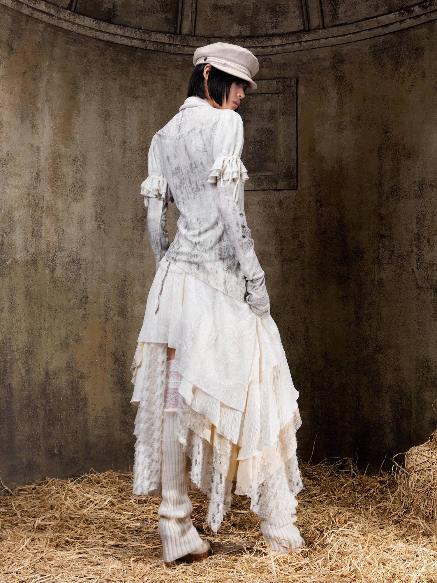 ARIADNAw Layered Gothic Aline Patchwork Midrise Black Beige Midi Skirt