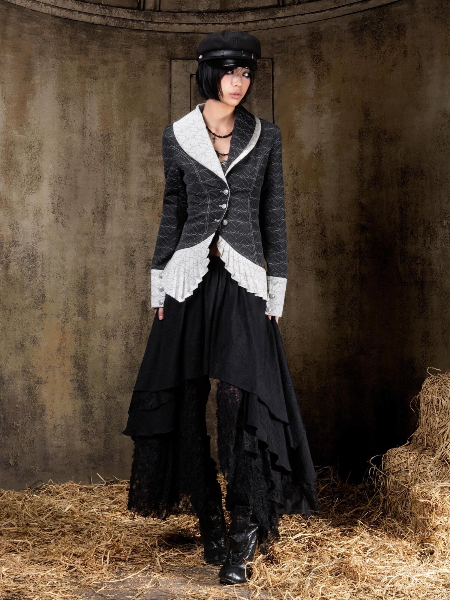 ARIADNAw Layered Gothic Aline Patchwork Midrise Black Beige Midi Skirt