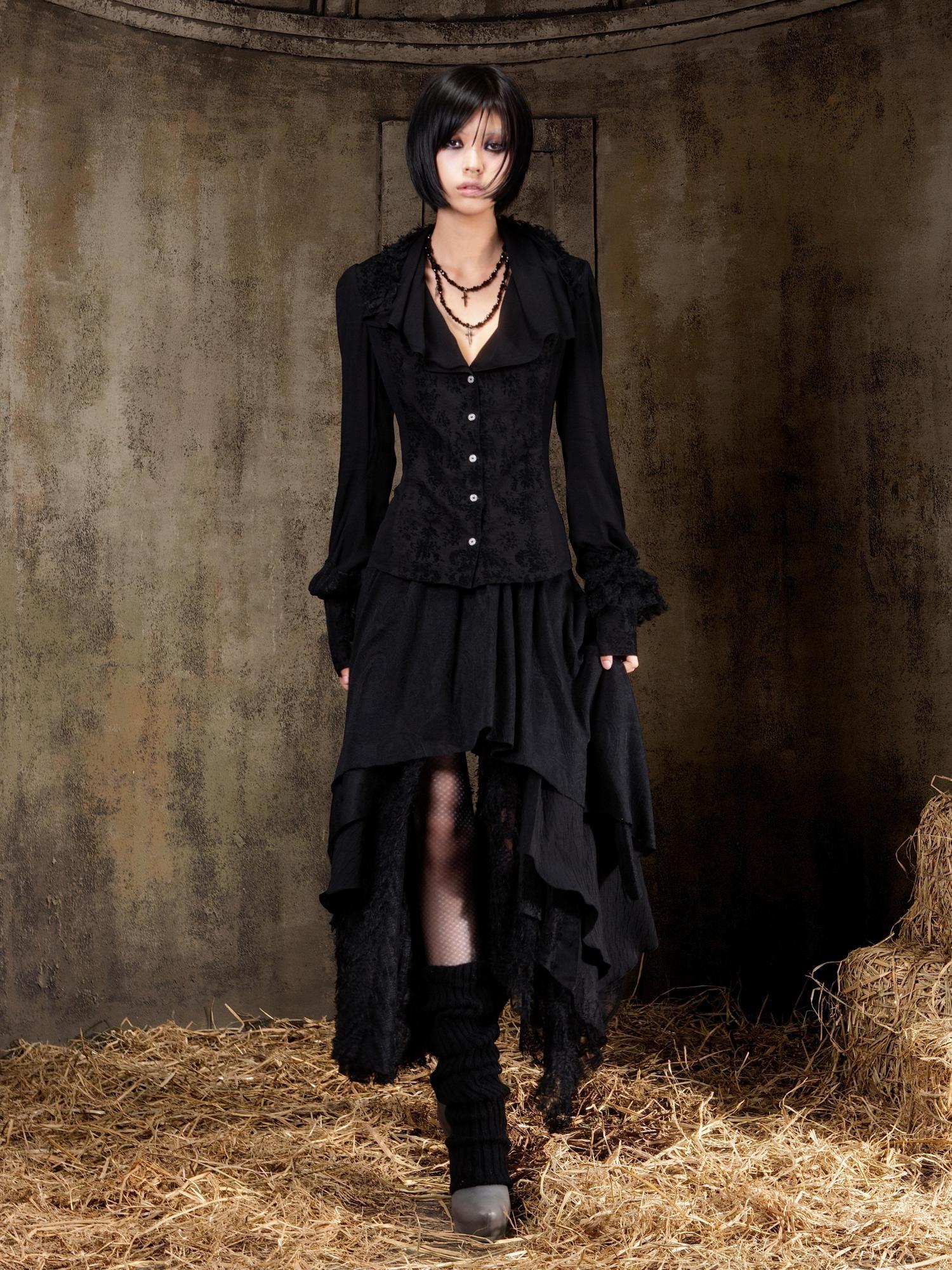 ARIADNAw Layered Gothic Aline Patchwork Midrise Black Beige Midi Skirt