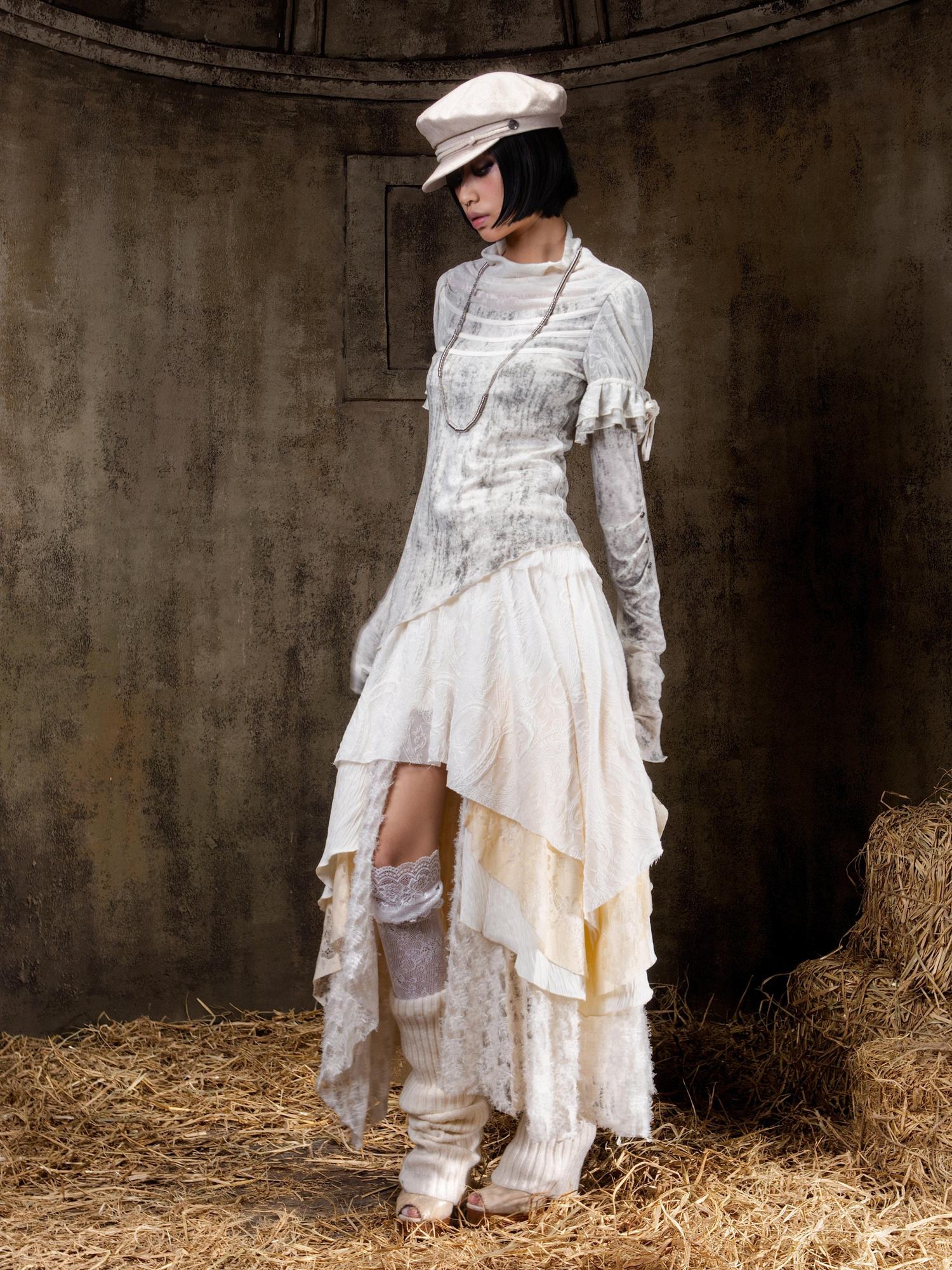 ARIADNAw Layered Gothic Aline Patchwork Midrise Black Beige Midi Skirt