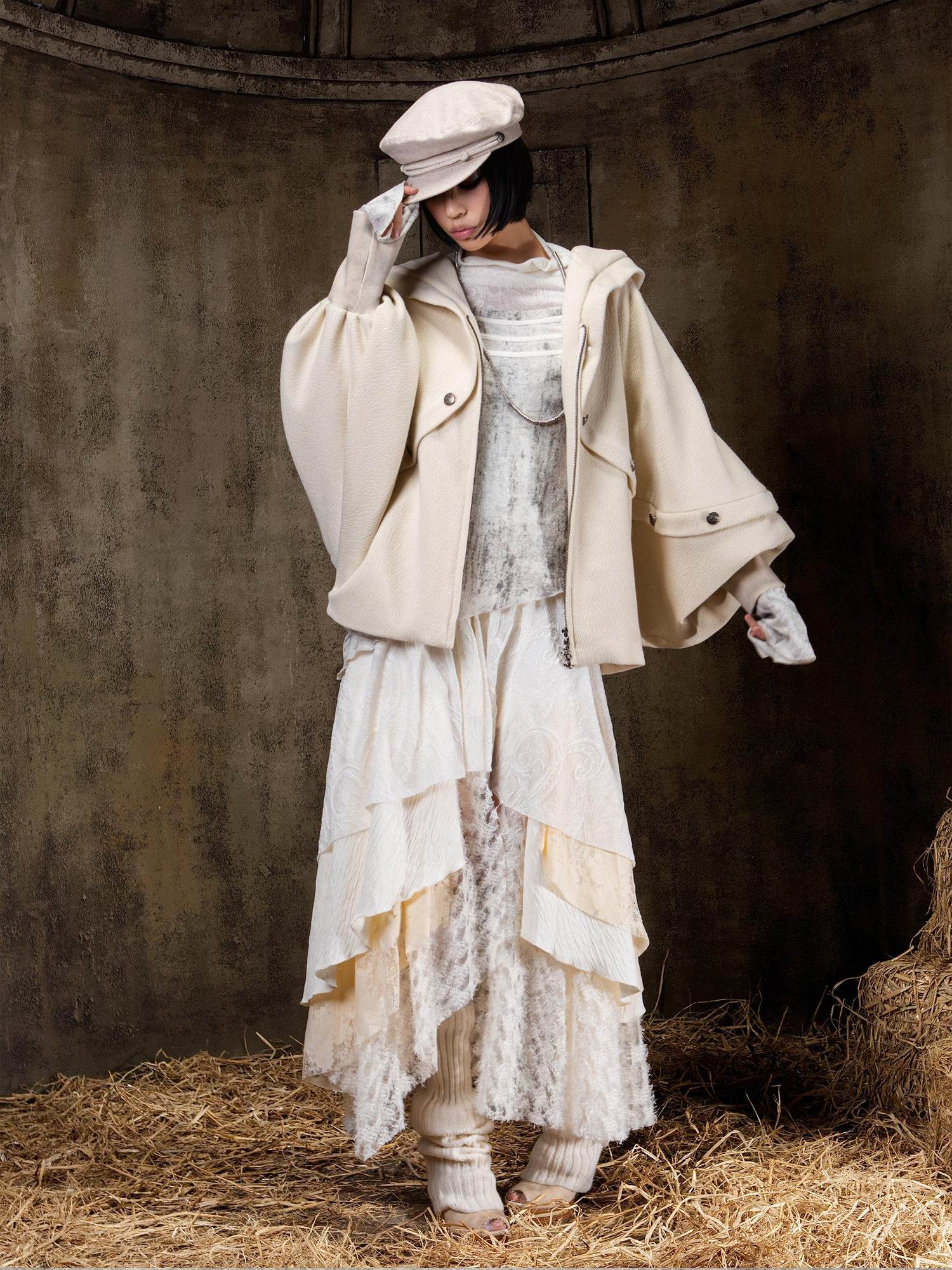 ARIADNAw Layered Gothic Aline Patchwork Midrise Black Beige Midi Skirt