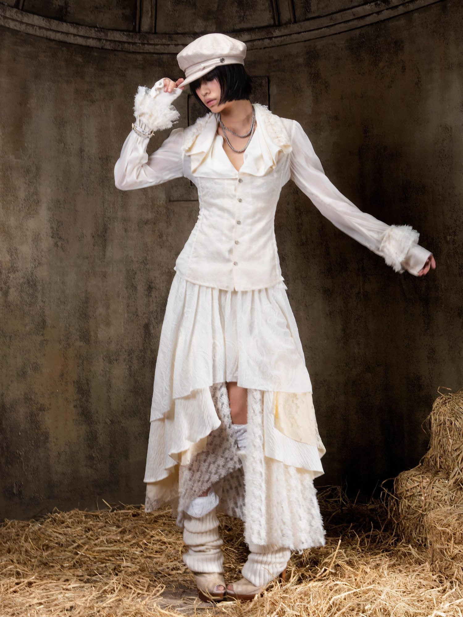 ARIADNAw Layered Gothic Aline Patchwork Midrise Black Beige Midi Skirt