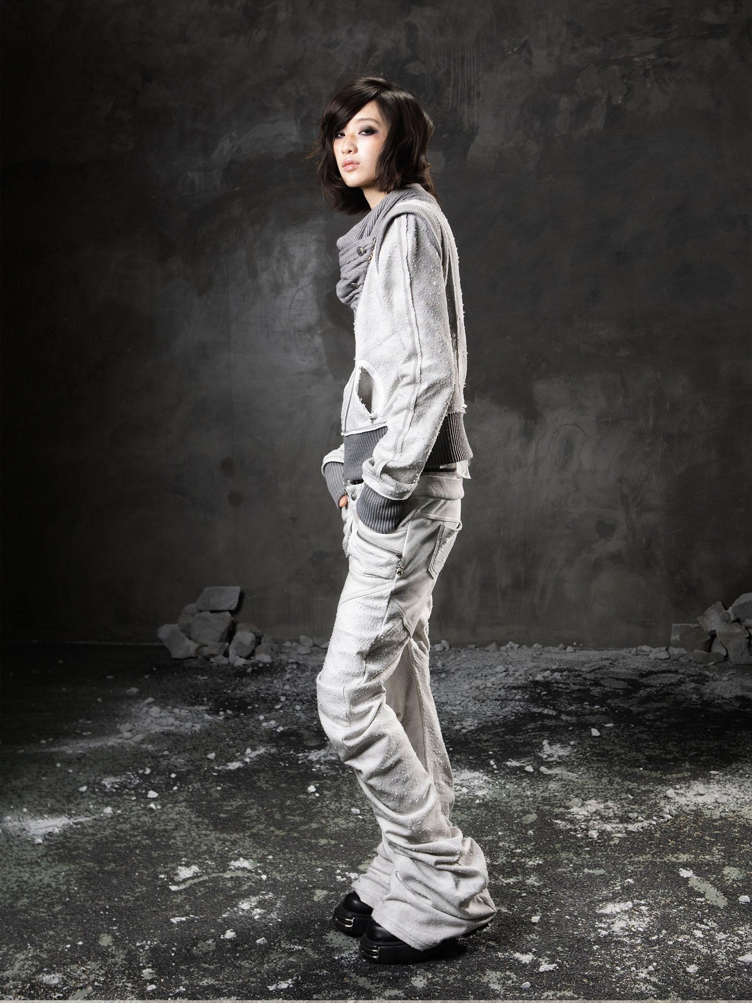 ARIADNAw Light Gray Low Waist Button Fly Punk Micro Flare Bell Bottom Unisex Sweatpants