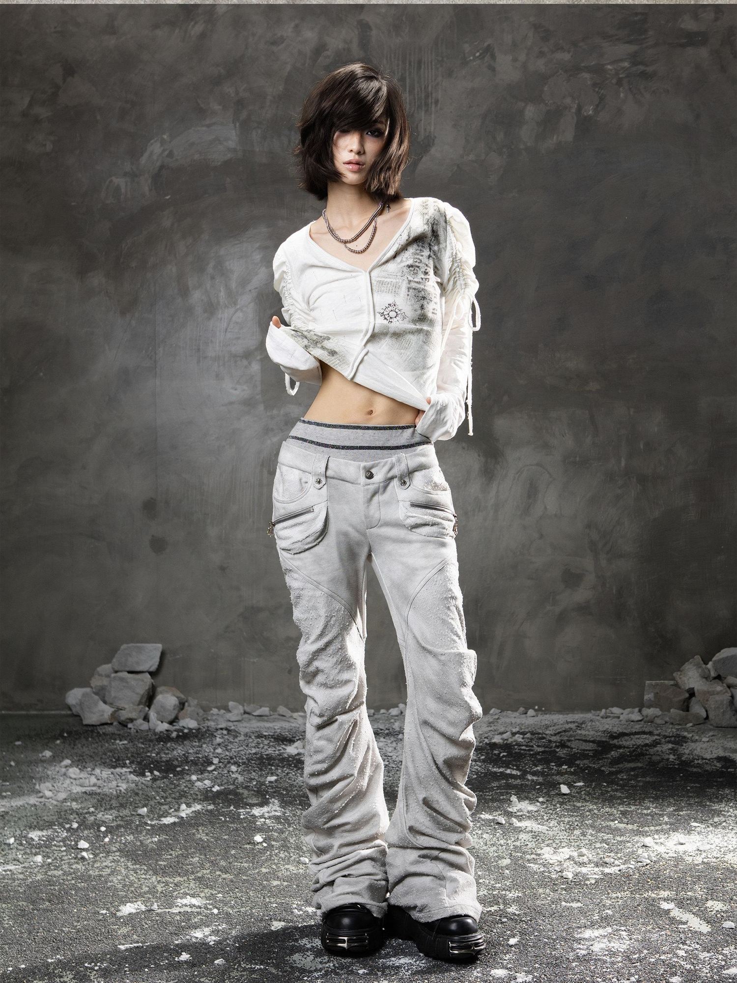 ARIADNAw Light Gray Low Waist Button Fly Punk Micro Flare Bell Bottom Unisex Sweatpants