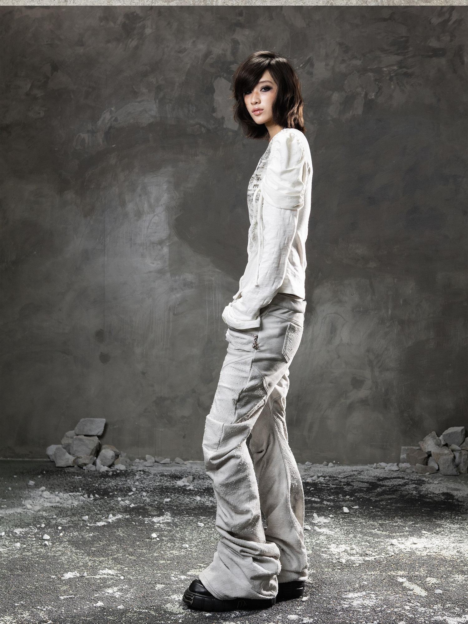 ARIADNAw Light Gray Low Waist Button Fly Punk Micro Flare Bell Bottom Unisex Sweatpants