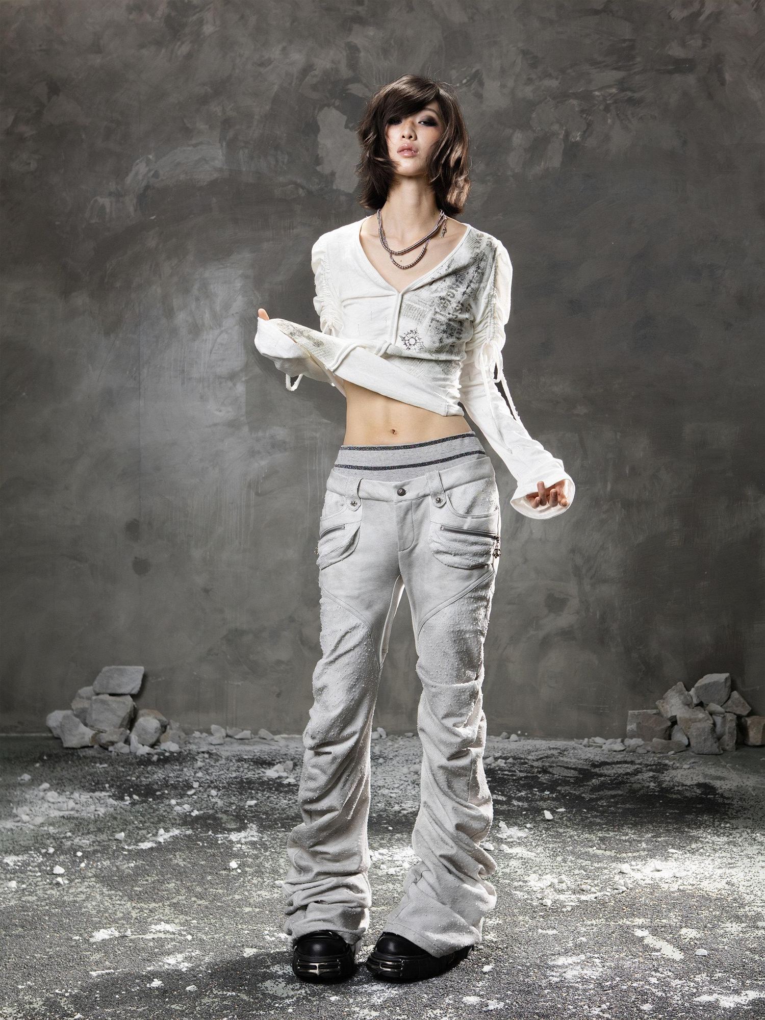 ARIADNAw Light Gray Low Waist Button Fly Punk Micro Flare Bell Bottom Unisex Sweatpants
