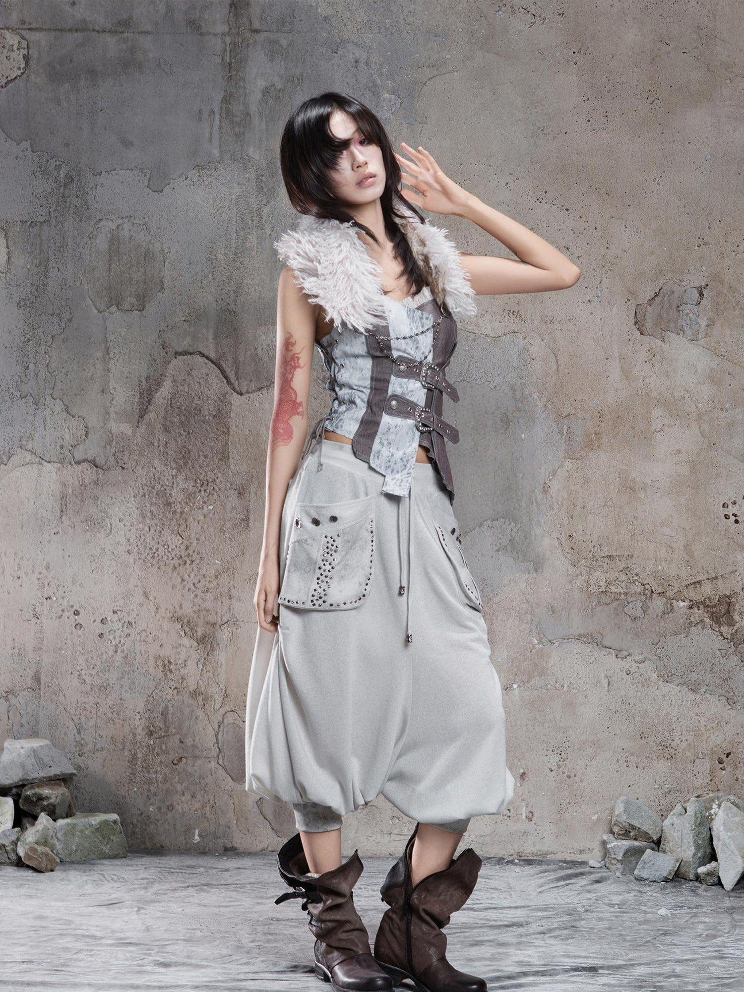 ARIADNAw Light Gray Retro Punk Drop Crotch Big Pocket Rhinestone Women&
