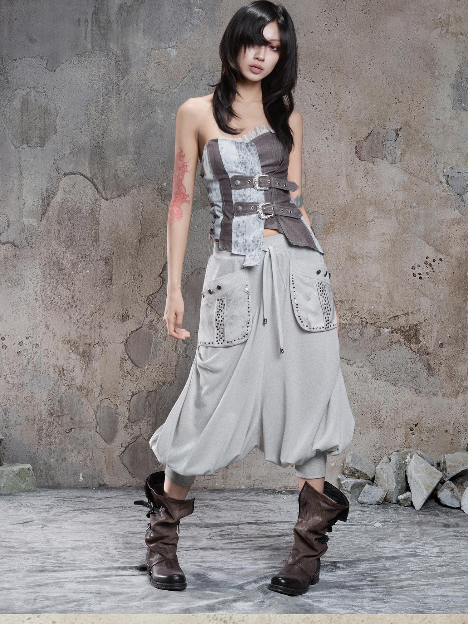 ARIADNAw Light Gray Retro Punk Drop Crotch Big Pocket Rhinestone Women&