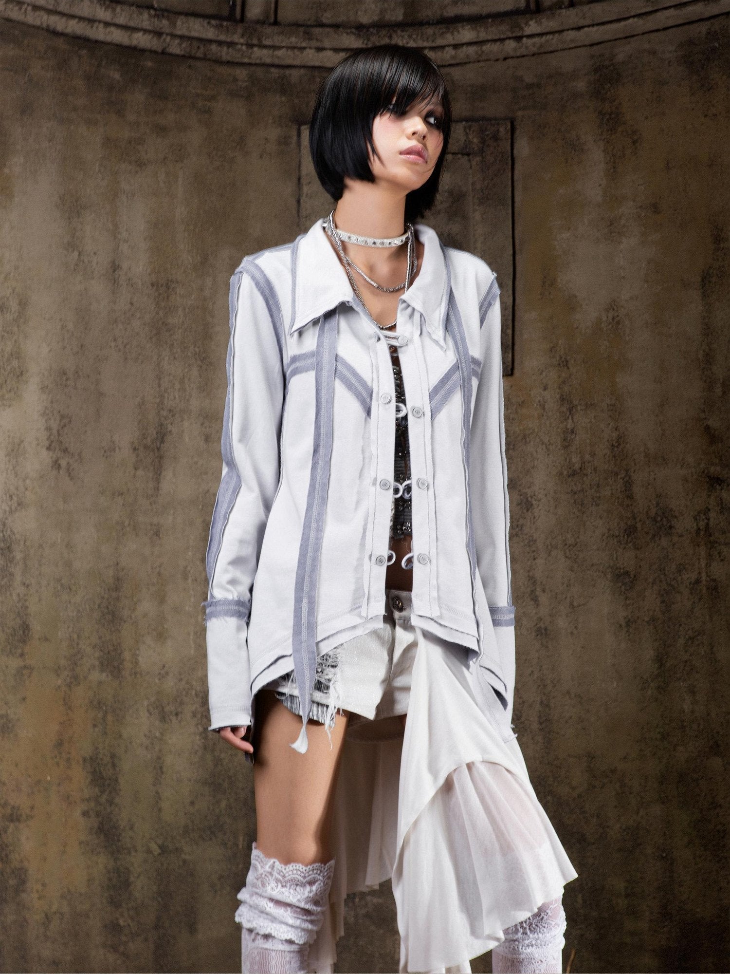 ARIADNAw Lightweight Punk Slim Fit Frayed Hem Cardigan Long Sleeve Girls Blouse