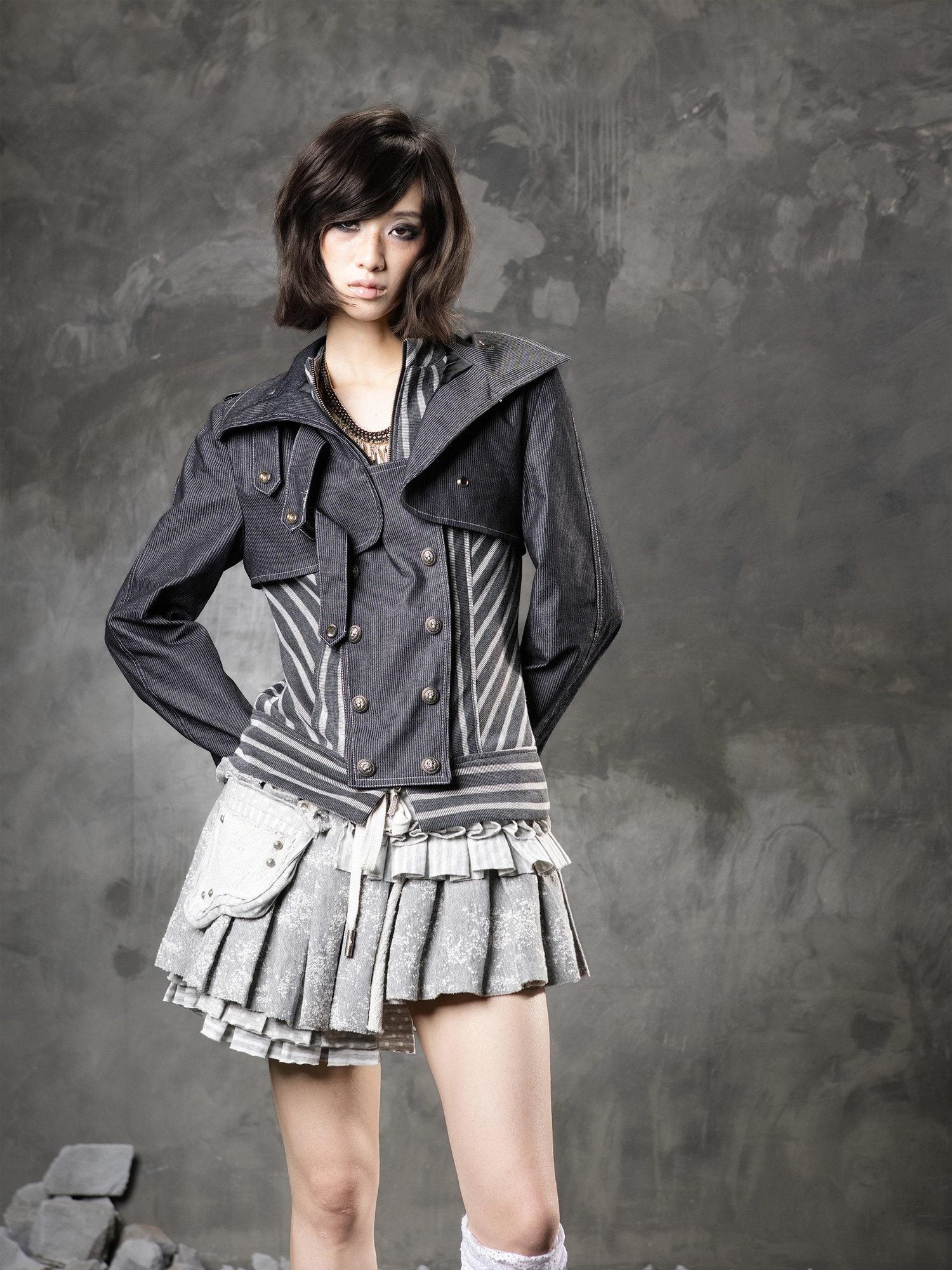 ARIADNAw Original Design 3D Embellished Asymmetric Striped Women Denim Blue Denim Jackets