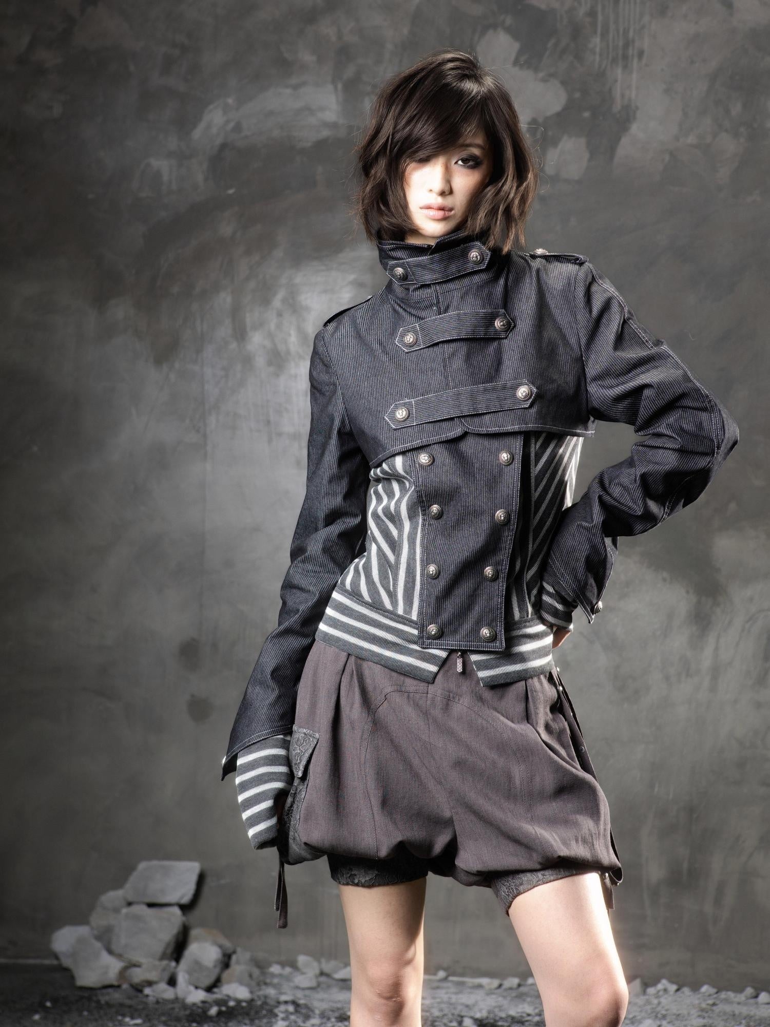ARIADNAw Original Design 3D Embellished Asymmetric Striped Women Denim Blue Denim Jackets