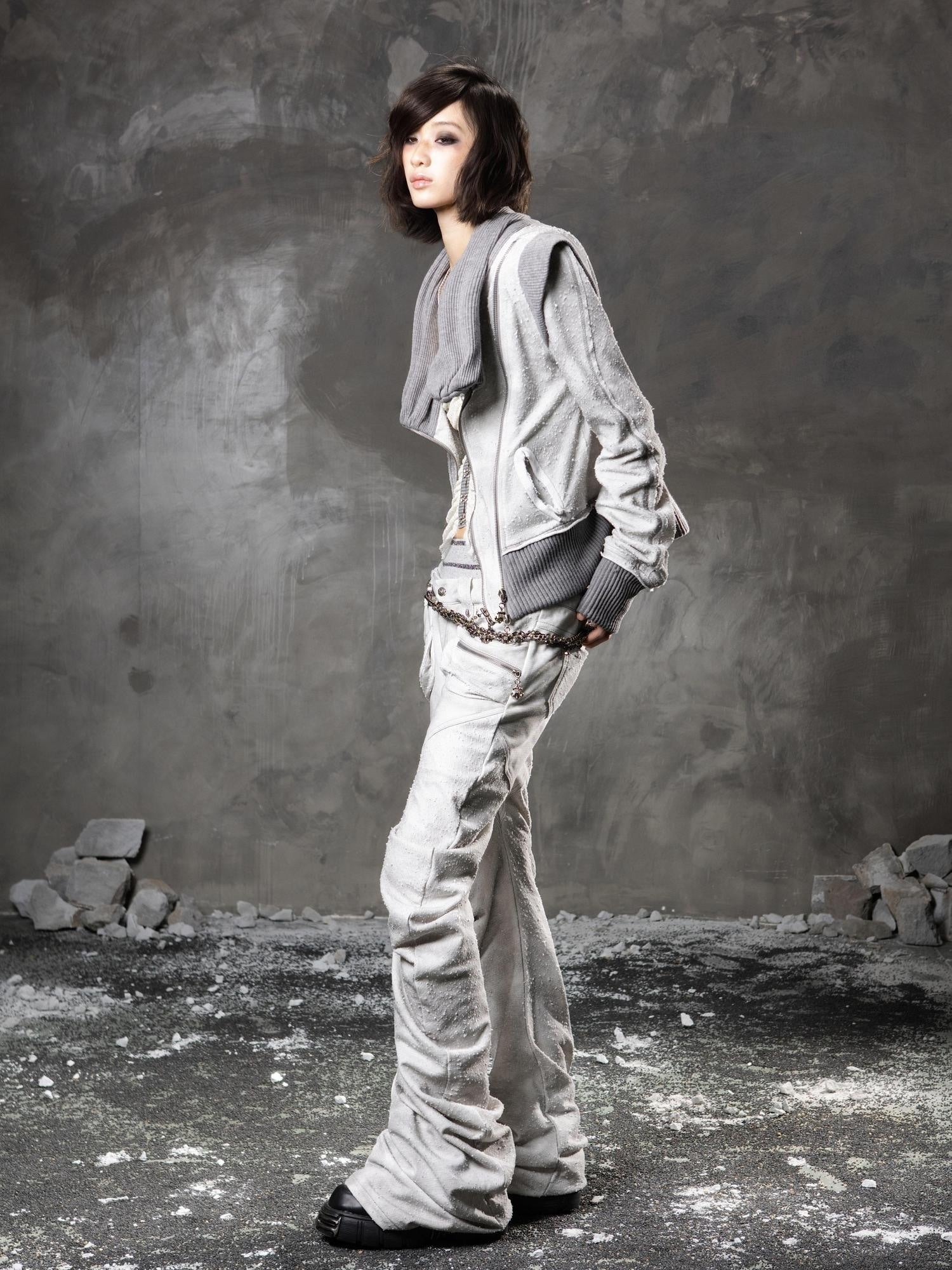 ARIADNAw Original Design Standard Zip Stacked Neck Women Grey Long Sleeve Hoodies