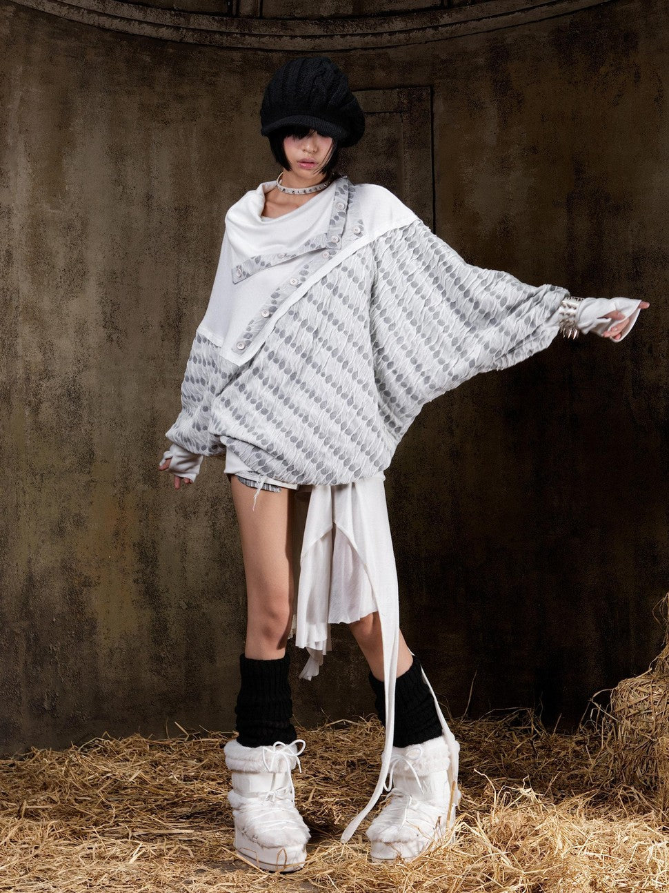 ARIADNAw Polka Dot Knitted Batwing Stacked Neck Patchwork Women&