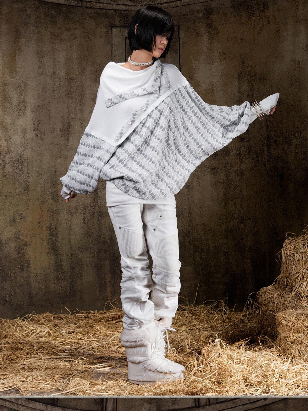 ARIADNAw Polka Dot Knitted Batwing Stacked Neck Patchwork Women&
