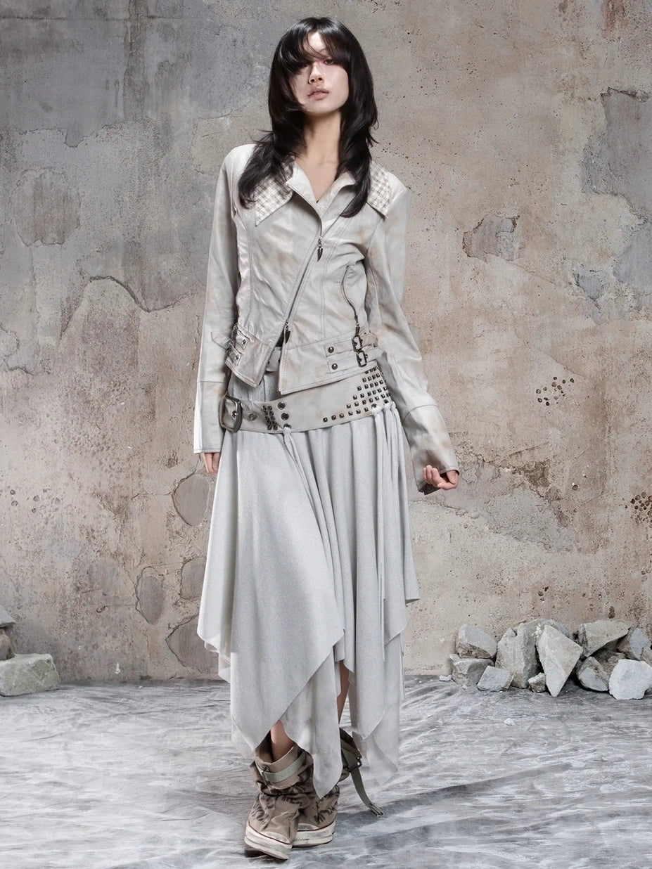 Punk Multi Layer Rivet Asymmetrical Long Skirt Skirt