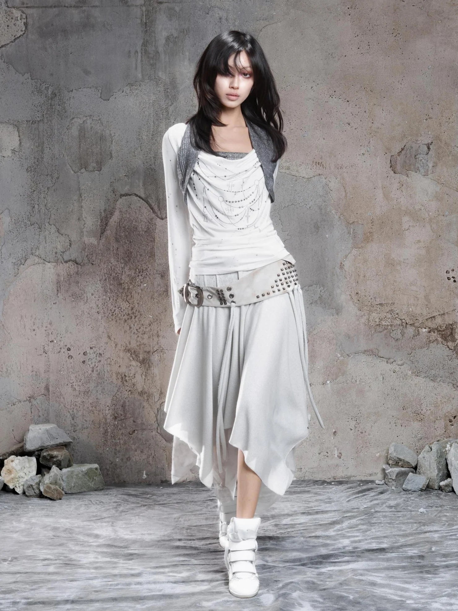 Punk Multi Layer Rivet Asymmetrical Long Skirt Skirt