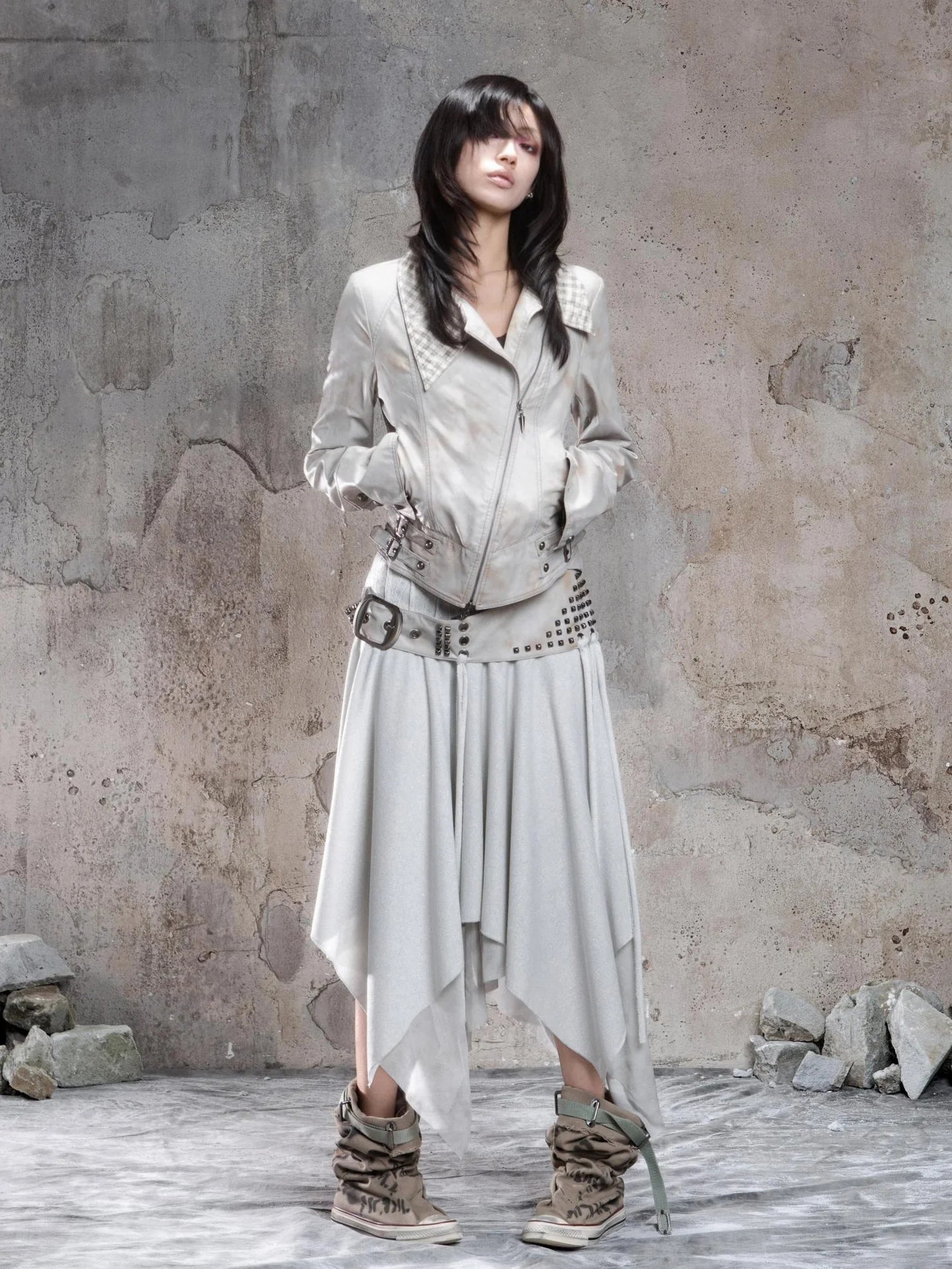 Punk Multi Layer Rivet Asymmetrical Long Skirt Skirt