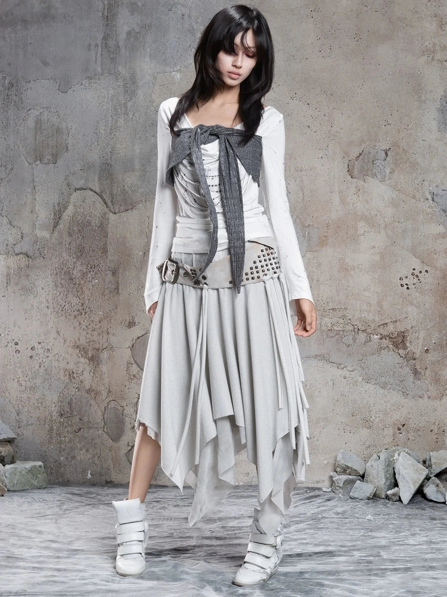 Punk Multi Layer Rivet Asymmetrical Long Skirt Skirt