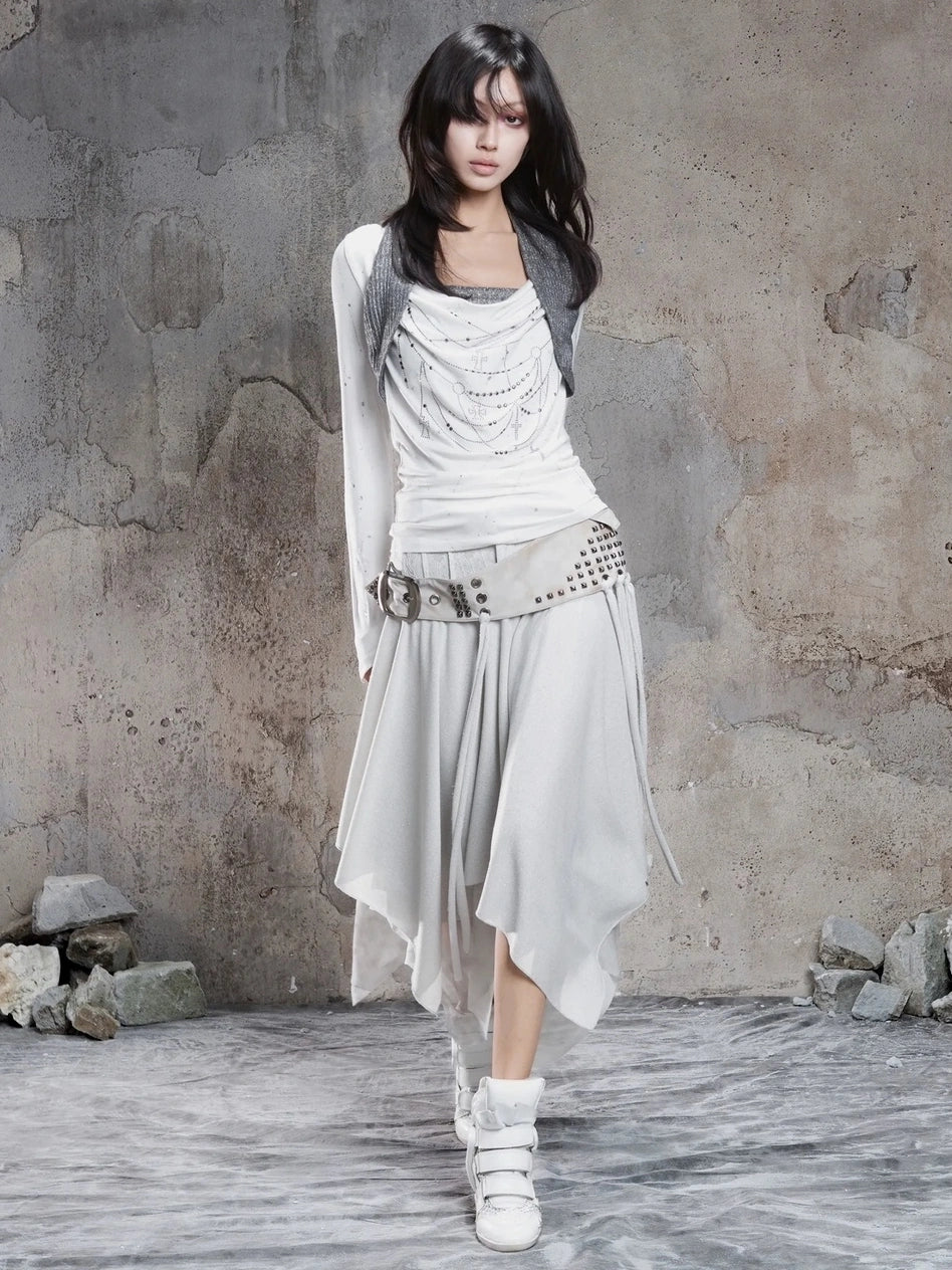 Punk Multi Layer Rivet Asymmetrical Long Skirt Skirt