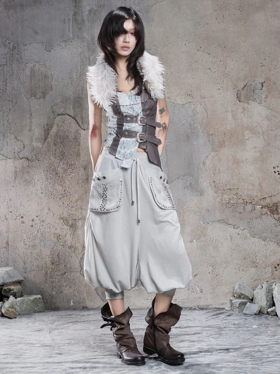 ARIADNAw Retro Punk Solid Color Cargo Pocket Culottes Pants