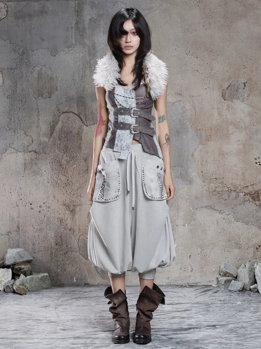 ARIADNAw Retro Punk Solid Color Cargo Pocket Culottes Pants