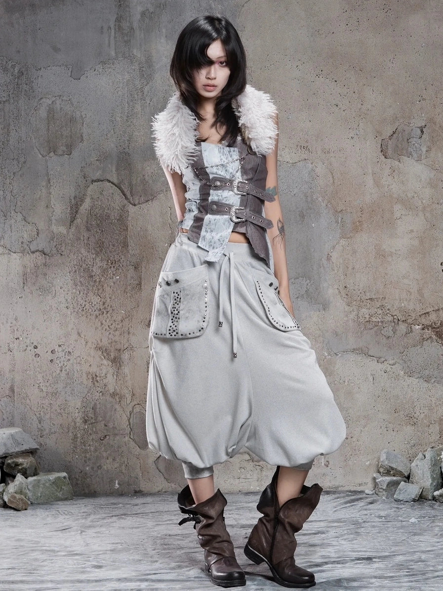 ARIADNAw Retro Punk Solid Color Cargo Pocket Culottes Pants