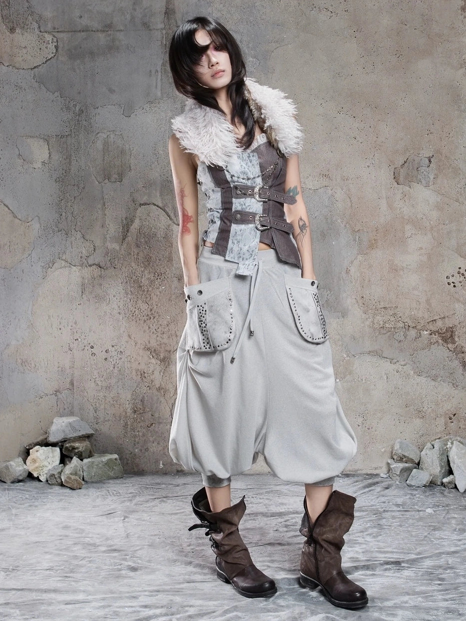 ARIADNAw Retro Punk Solid Color Cargo Pocket Culottes Pants