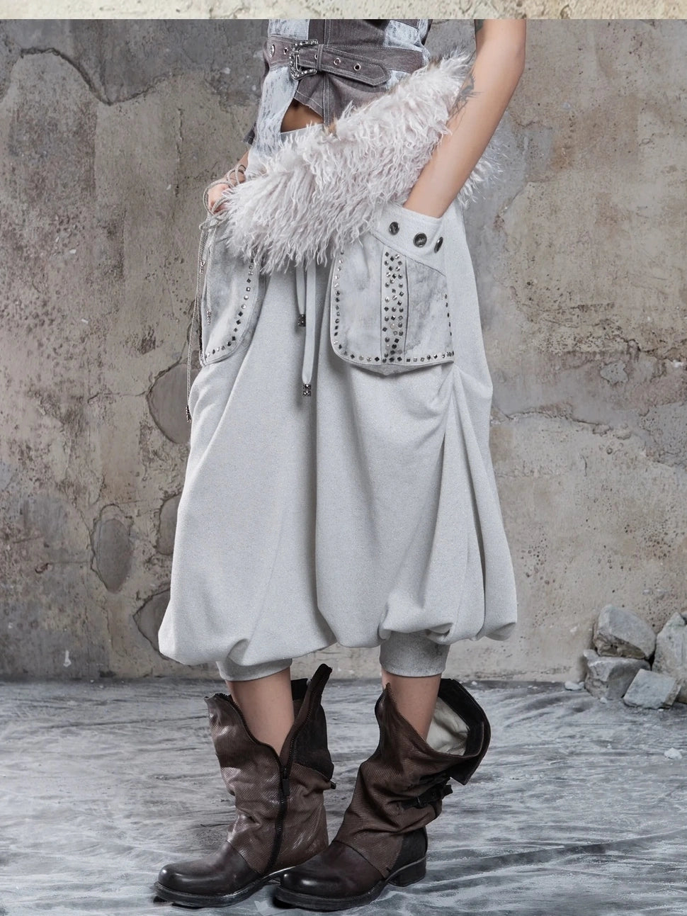 ARIADNAw Retro Punk Solid Color Cargo Pocket Culottes Pants