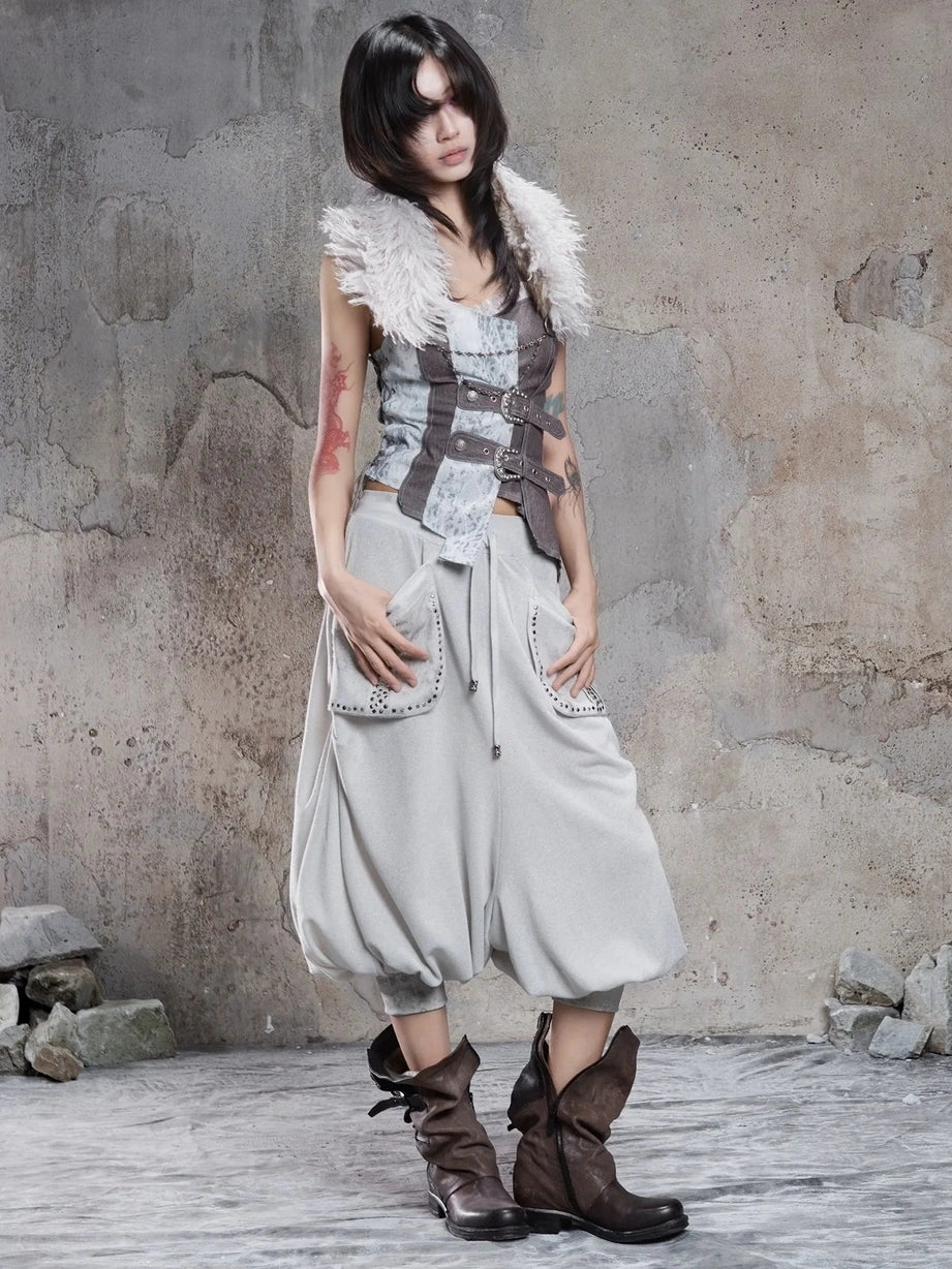 ARIADNAw Retro Punk Solid Color Cargo Pocket Culottes Pants