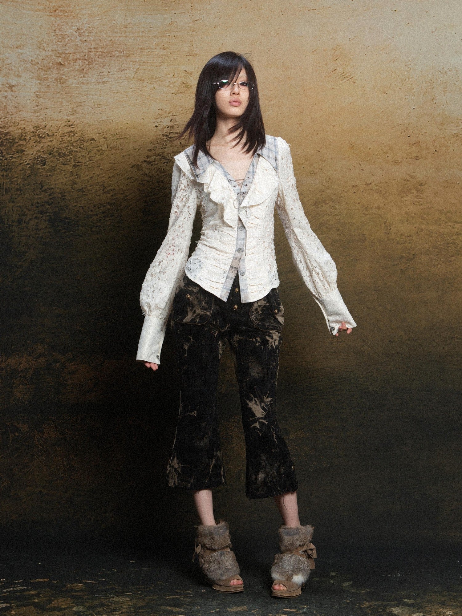 ARIADNAw Romantic Vintage Ruffle Double Layer Collar Cutout Slim Women&