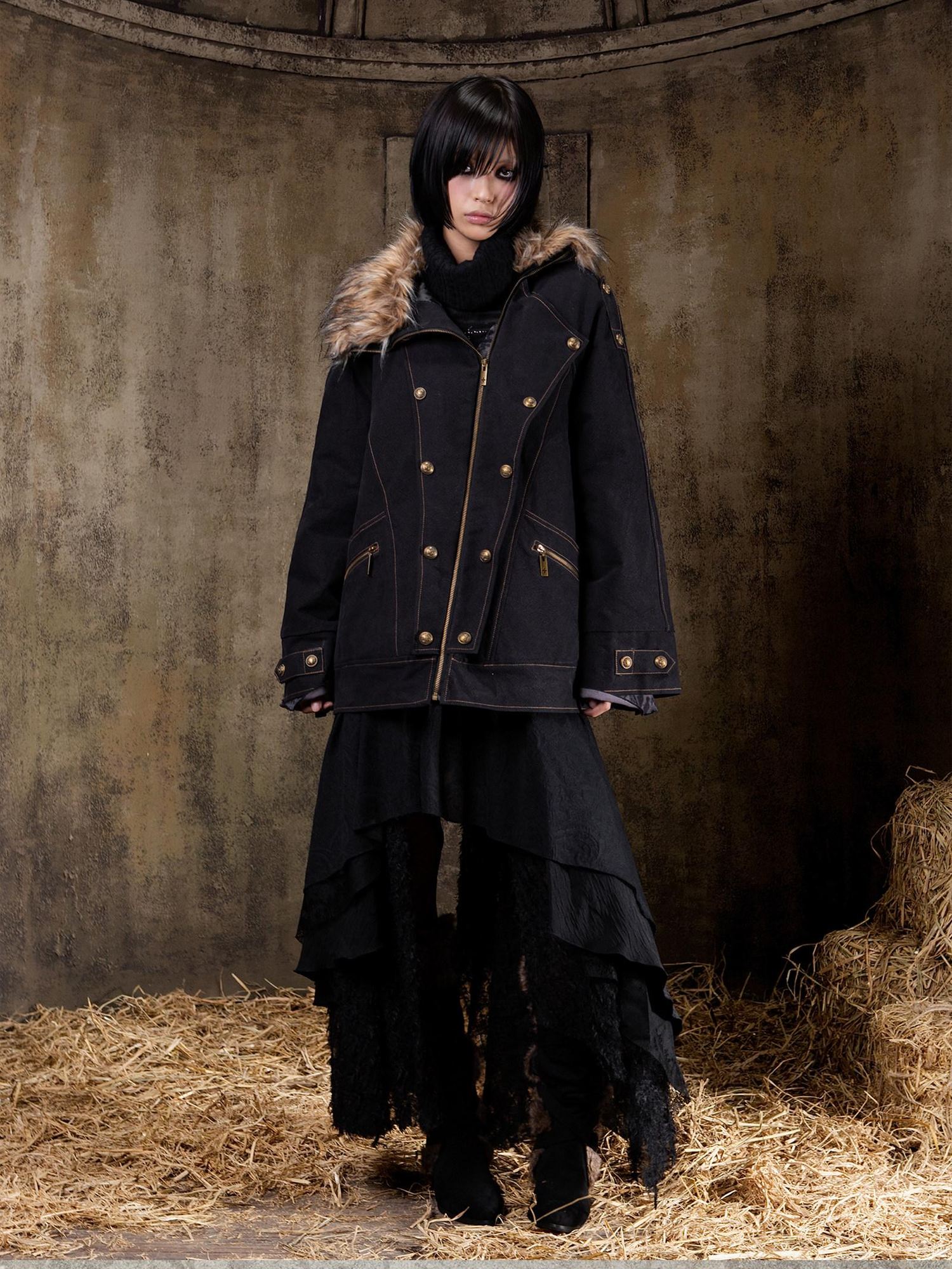 ARIADNAw Tie Waist Single Breasted Commuter Long Sleeve Black Grey Jacket