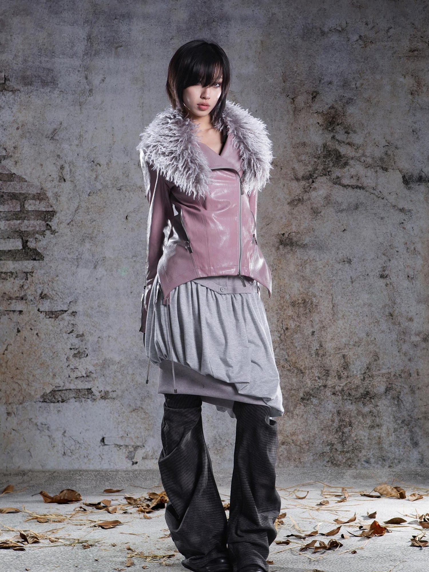 ARIADNAw Two Tone Fur Collar Patchwork Punk Slim Fit Women&