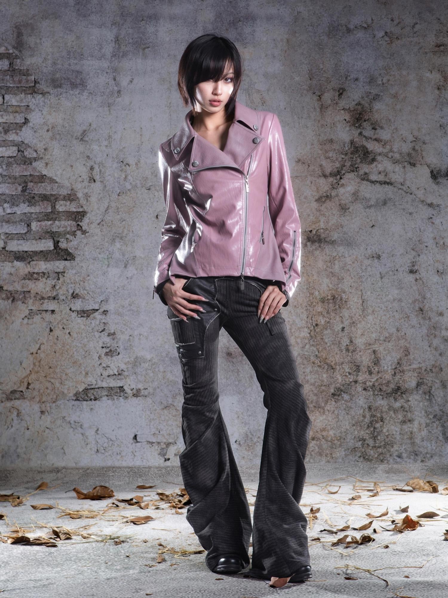 ARIADNAw Two Tone Fur Collar Patchwork Punk Slim Fit Women&