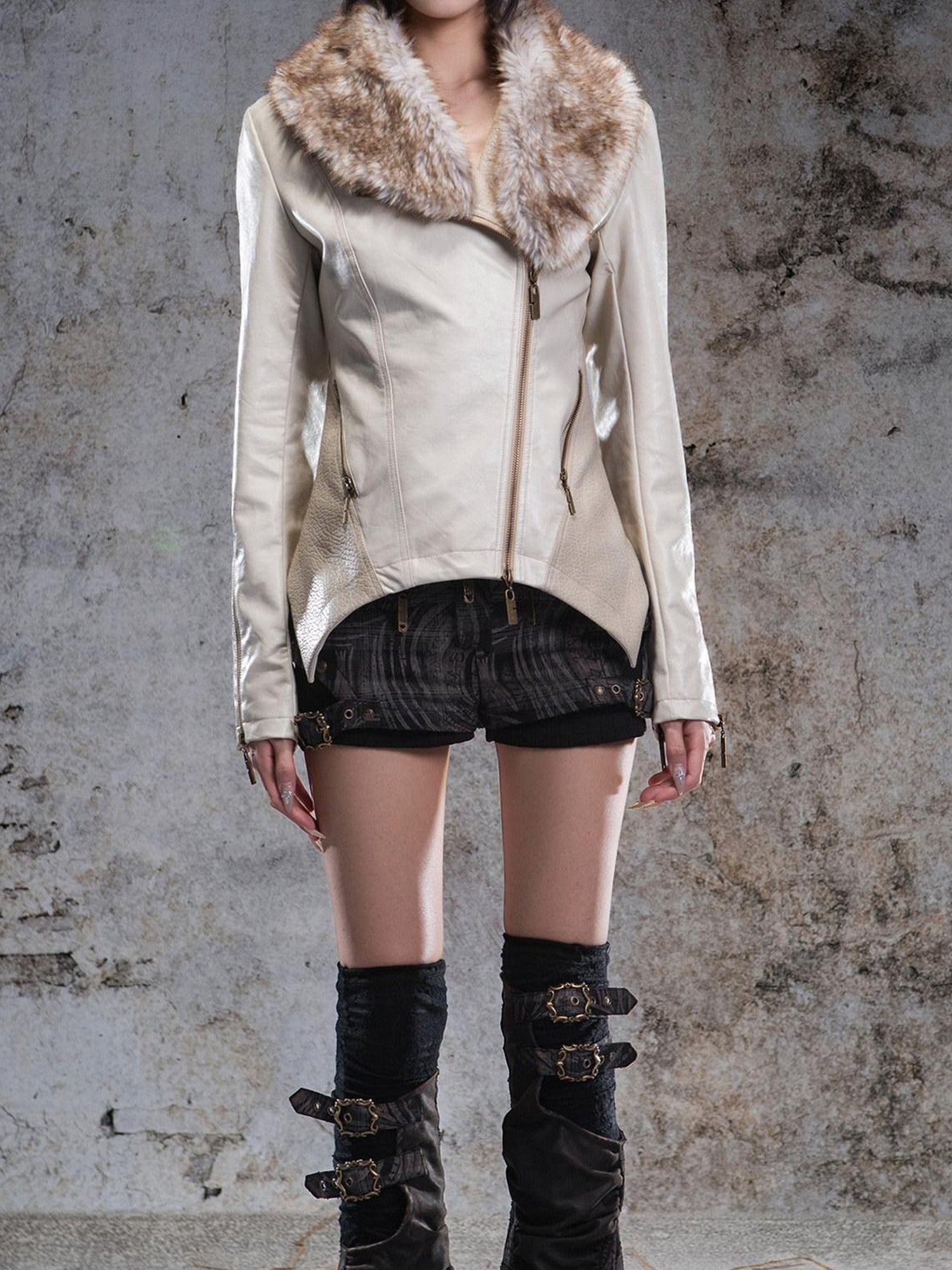 ARIADNAw Two Tone Fur Collar Patchwork Punk Slim Fit Women&