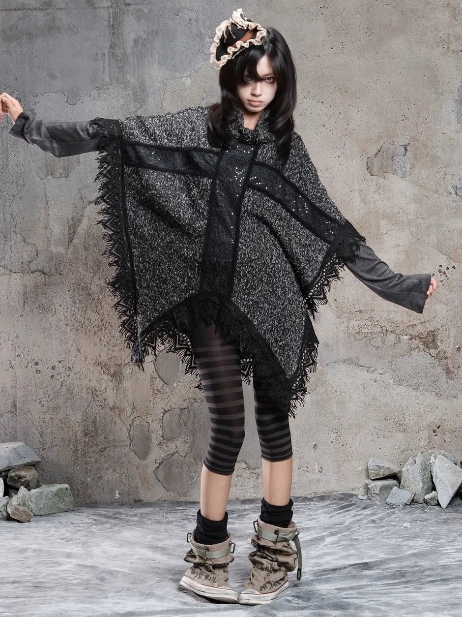 ARIADNAw Vintage Punk Cross Cape With Fringe Cardigan
