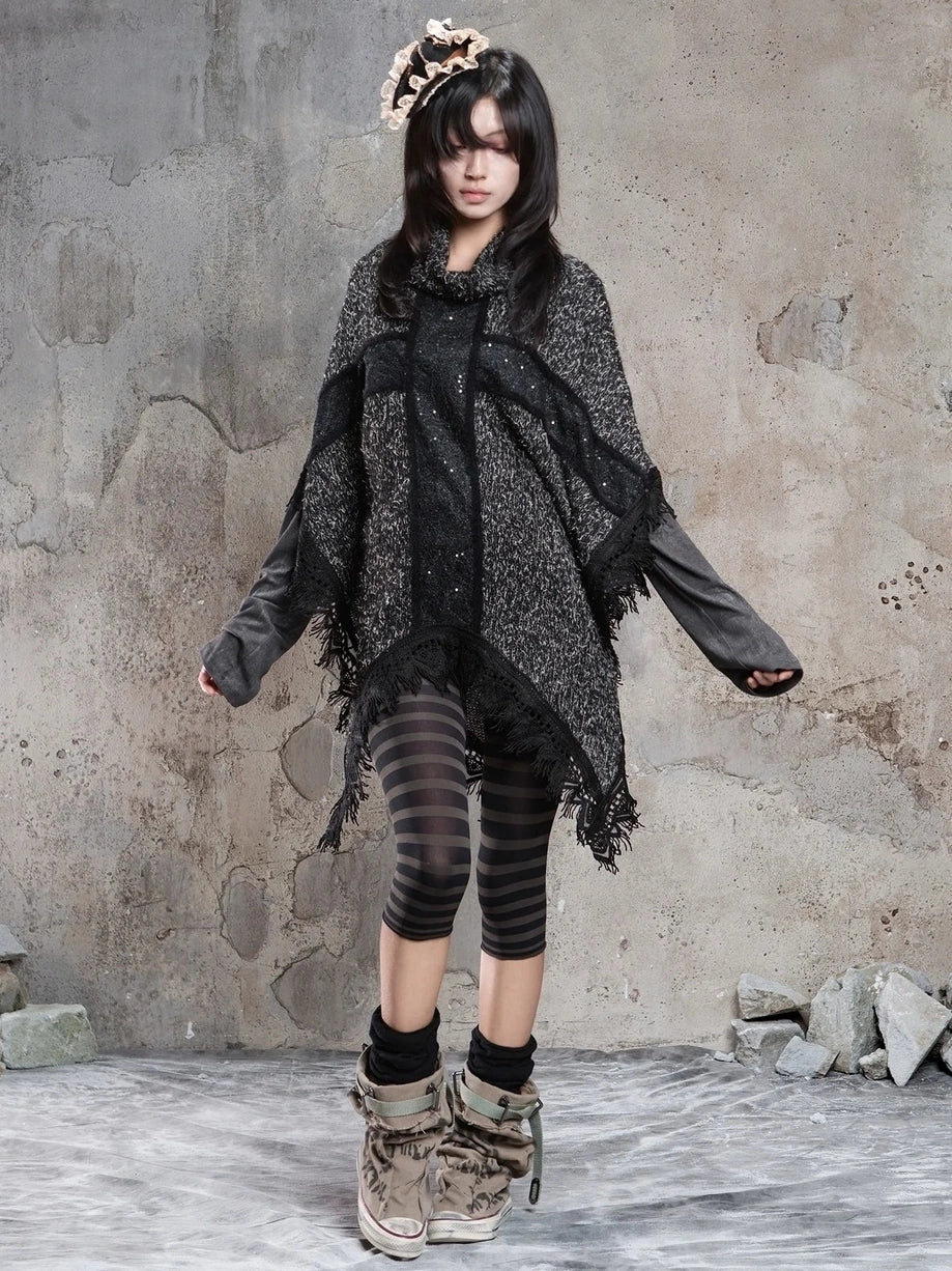 ARIADNAw Vintage Punk Cross Cape With Fringe Cardigan