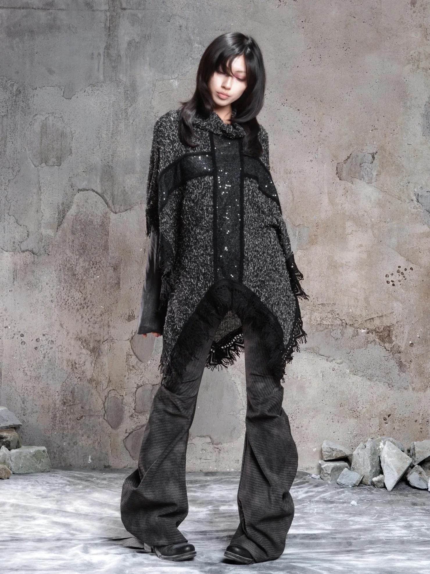 ARIADNAw Vintage Punk Cross Cape With Fringe Cardigan