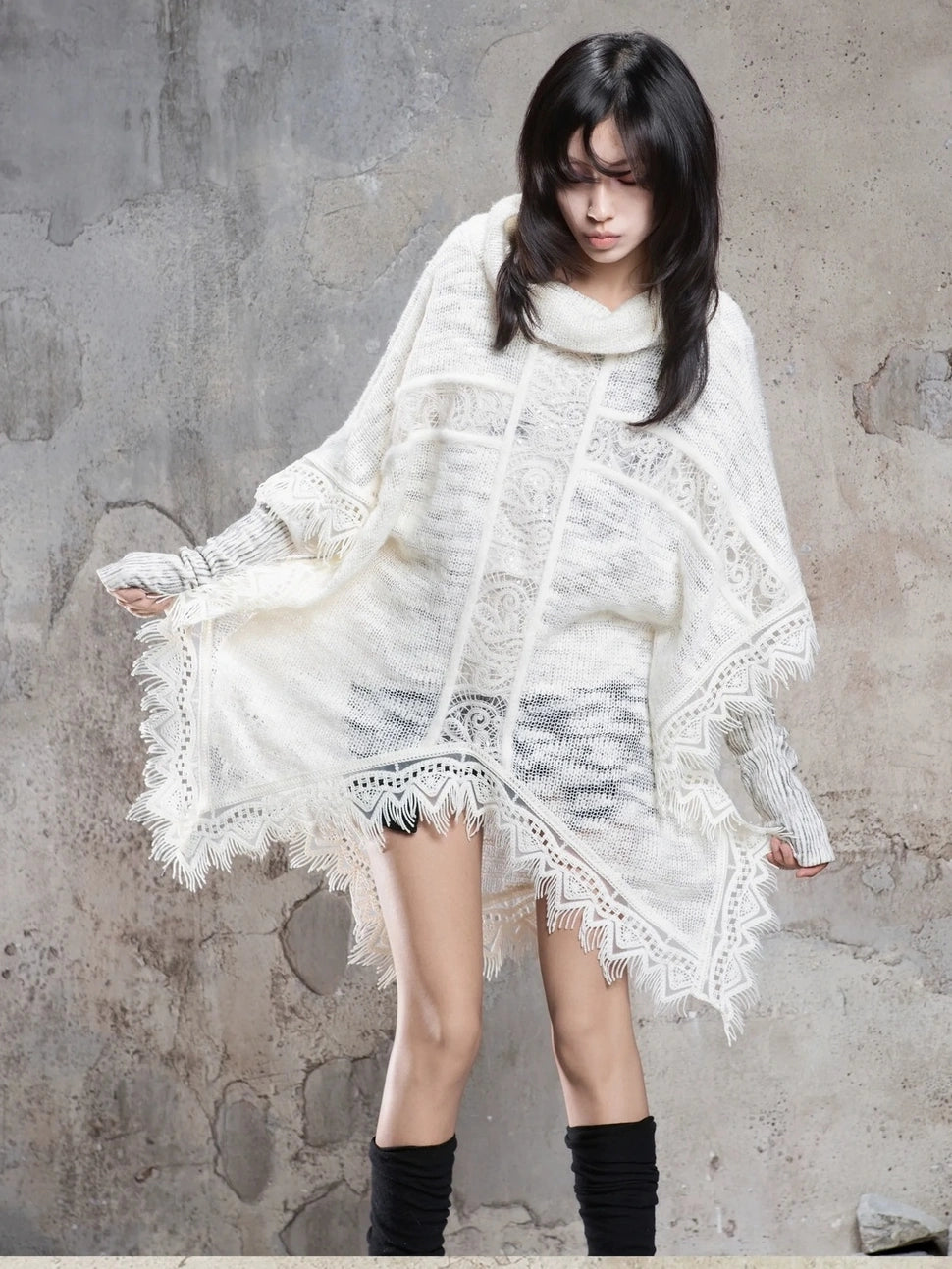 ARIADNAw Vintage Punk Cross Cape With Fringe Cardigan