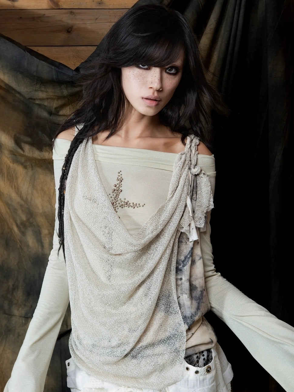 ARIADNAw Vintage Punk Cross Studded Slim Fit Long Sleeve Top Cardigan