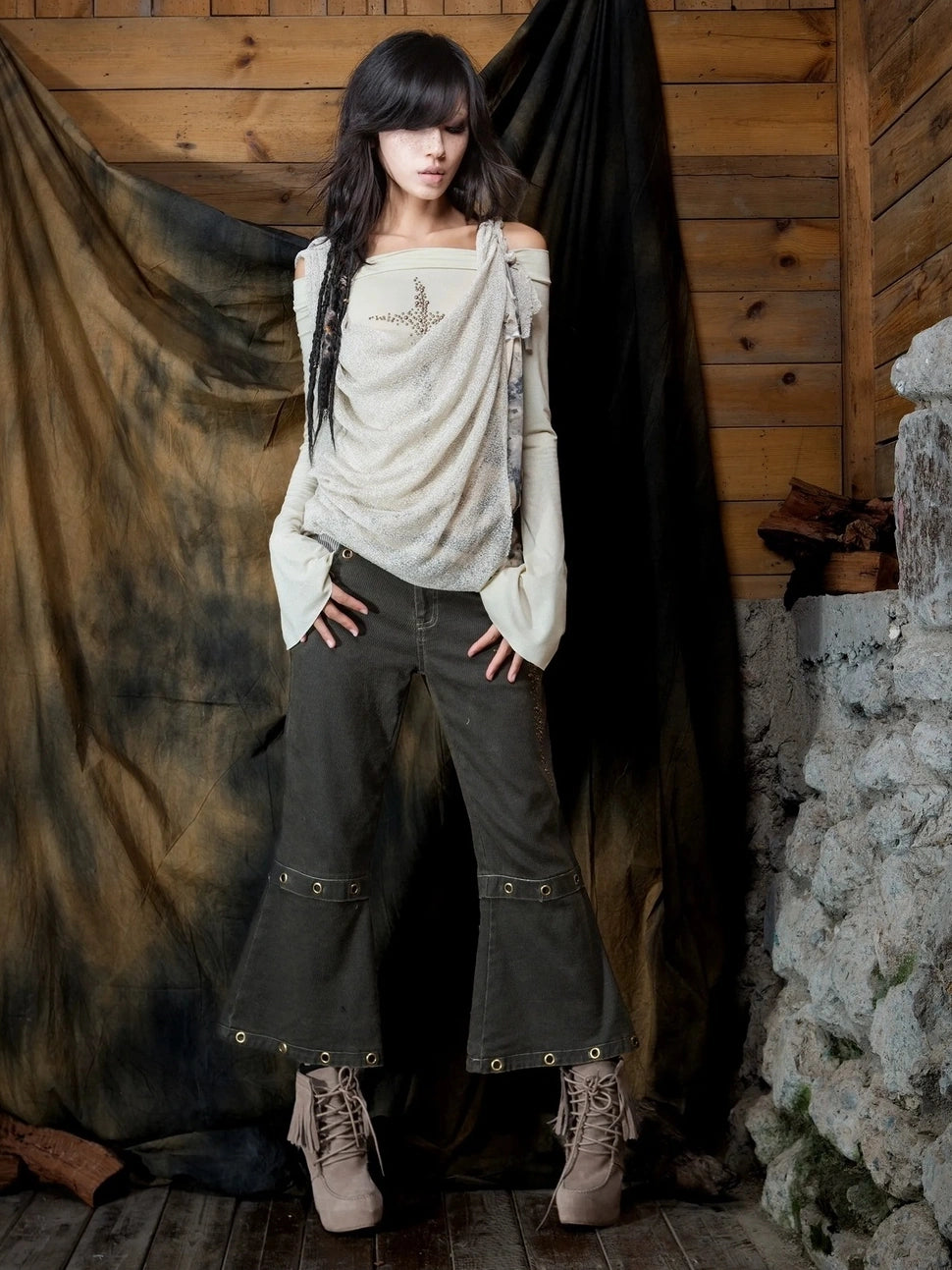 ARIADNAw Vintage Punk Cross Studded Slim Fit Long Sleeve Top Cardigan