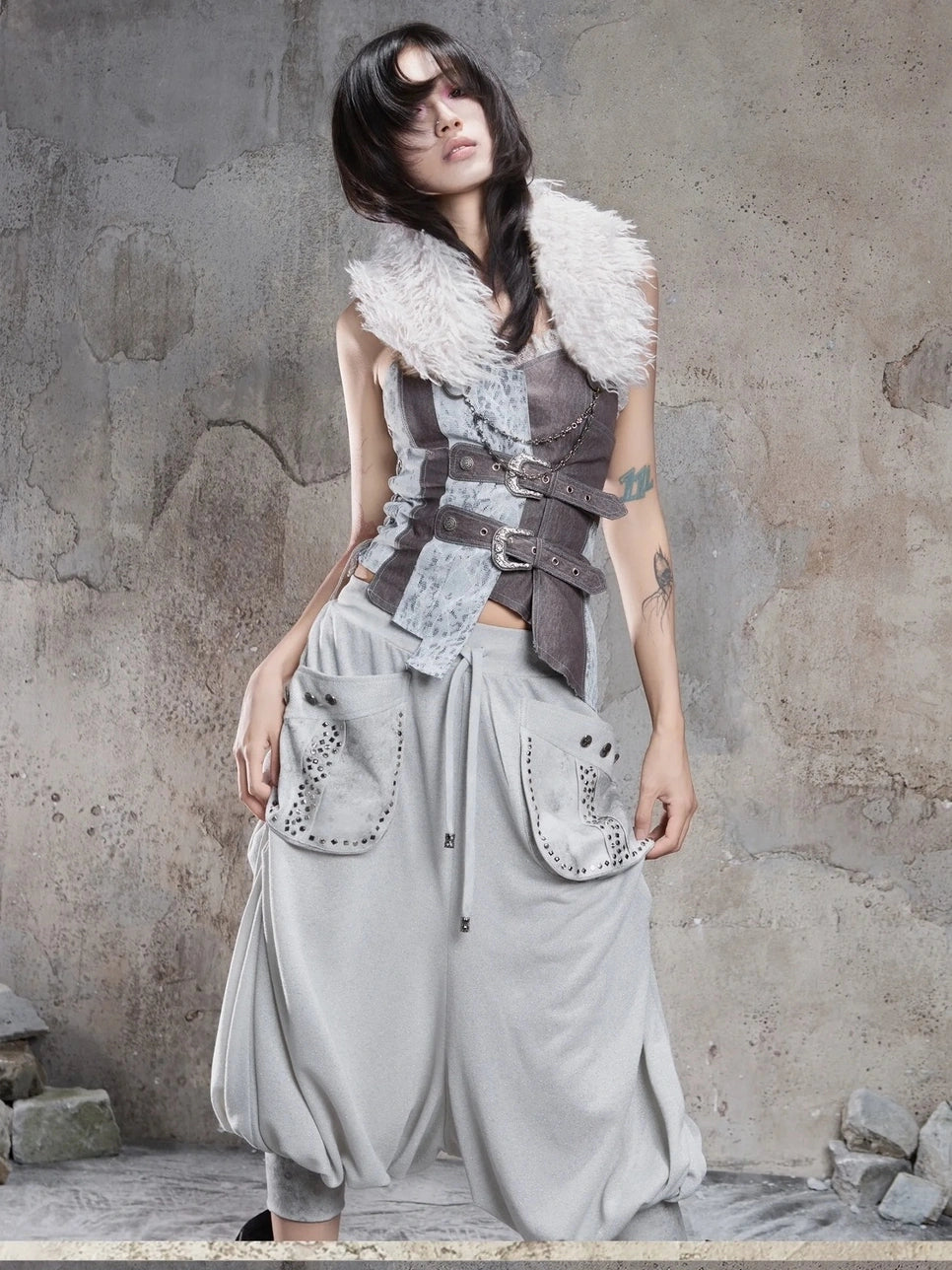 ARIADNAw Vintage Punk Detachable Fur Collar Scarf Belt Scarf