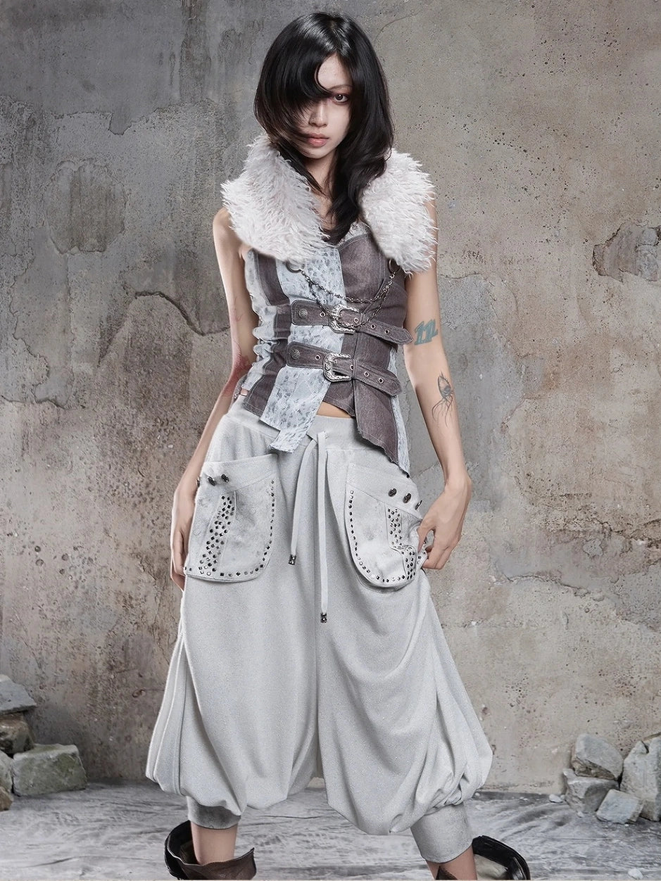 ARIADNAw Vintage Punk Detachable Fur Collar Scarf Belt Scarf