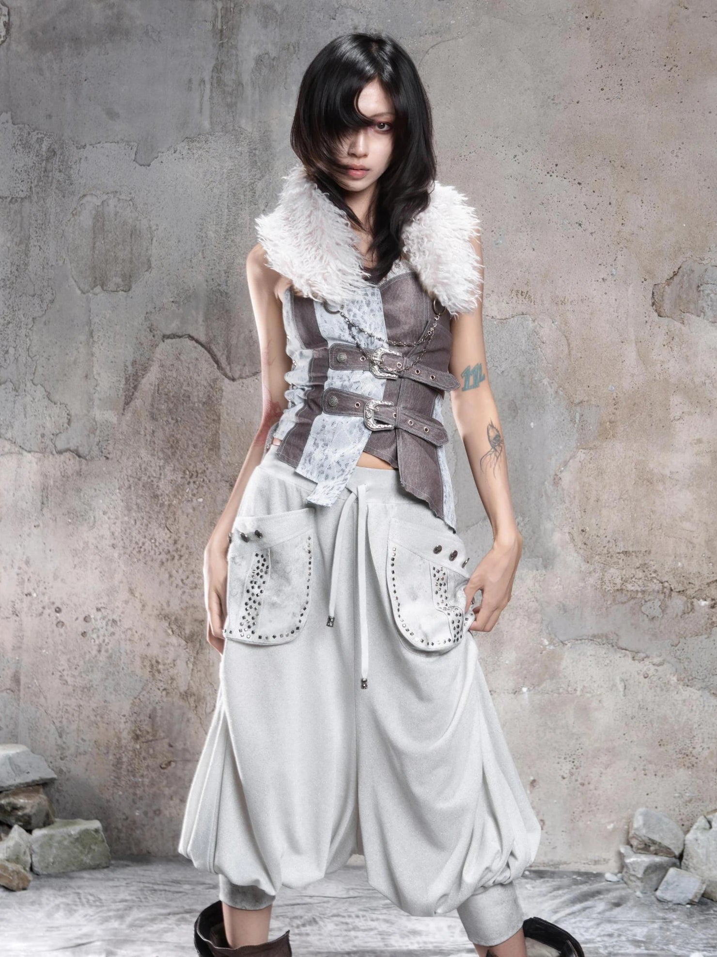 ARIADNAw Vintage Punk Detachable Fur Collar Scarf Belt Scarf