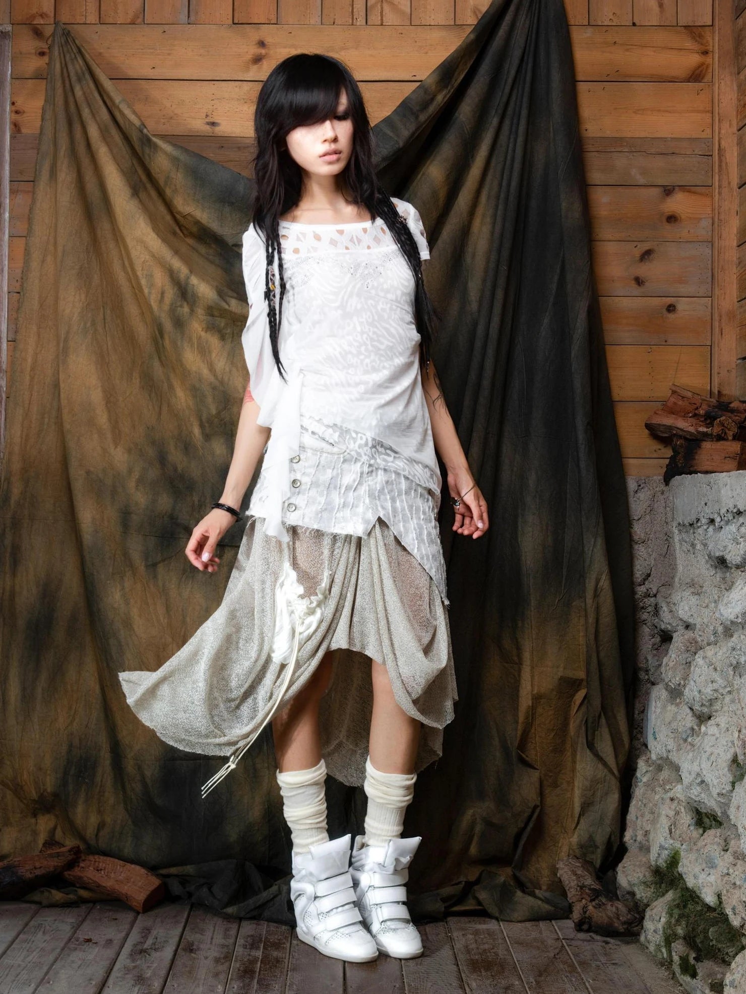 ARIADNAw Vintage Punk Distressed Mesh Patchwork Midi Skirt Skirt