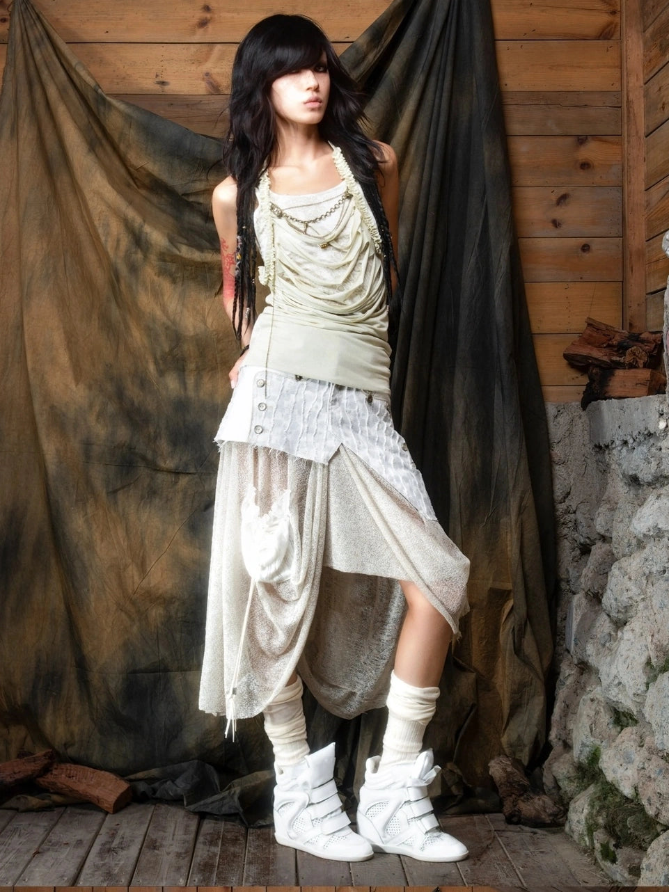 ARIADNAw Vintage Punk Distressed Mesh Patchwork Midi Skirt Skirt